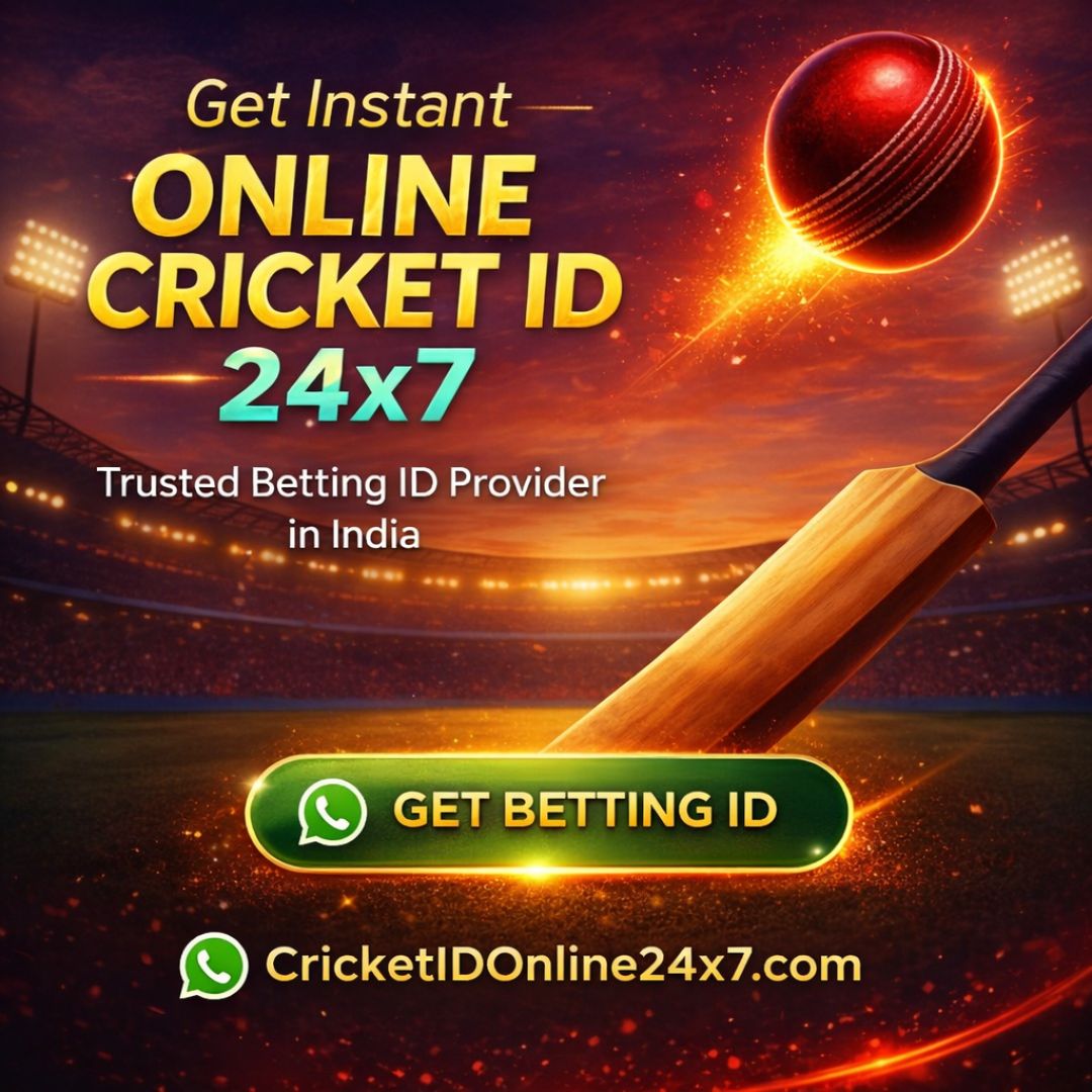 Online Cricket ID 24x7 promotional banner showing cricket stadium, bat and ball with “Get Betting ID” WhatsApp CTA button.
