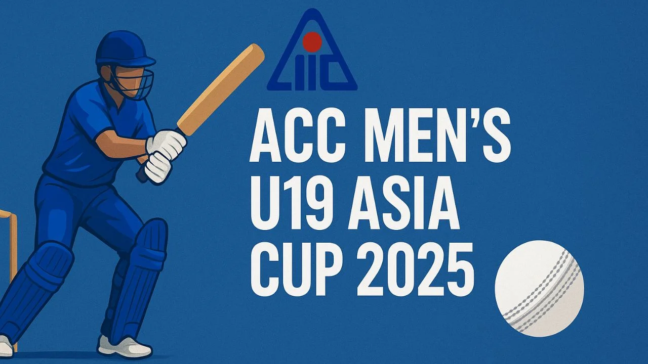 ACC Men's U19 Asia Cup 2025- Illustration of a young cricket batsman in blue playing a shot on a blue background, with stumps and a white cricket ball on the field.